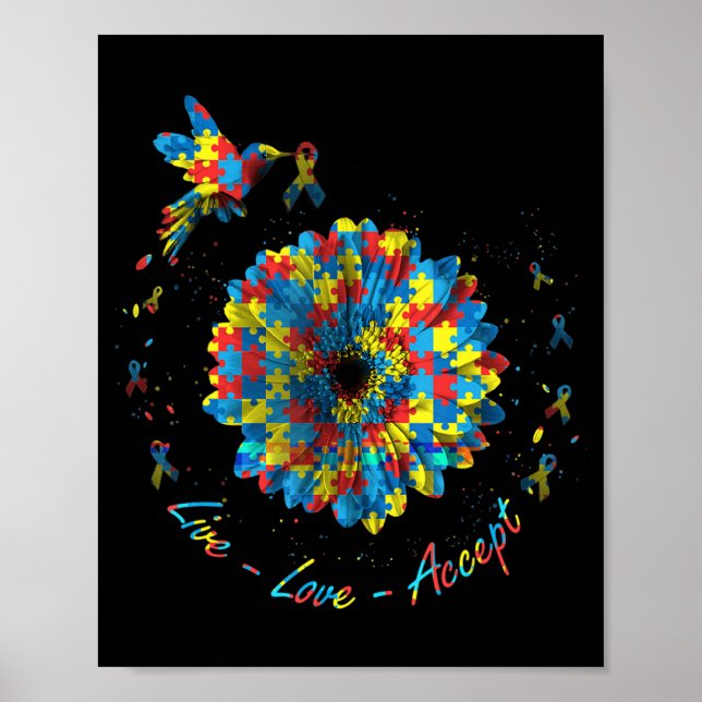 Bird Flower Ribbon Puzzle Live Love Accept Autism  Poster (Front)