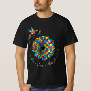 Bird Flower Ribbon Puzzle Live Love Accept Autism T-Shirt