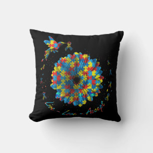 Bird Flower Ribbon Puzzle Live Love Accept Autism Throw Pillow