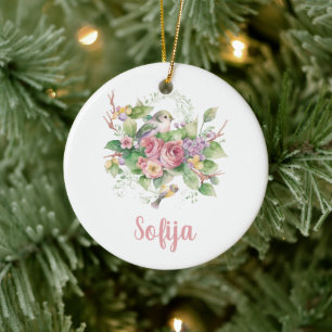 Bird Flower Rose Watercolor Ceramic Ornament