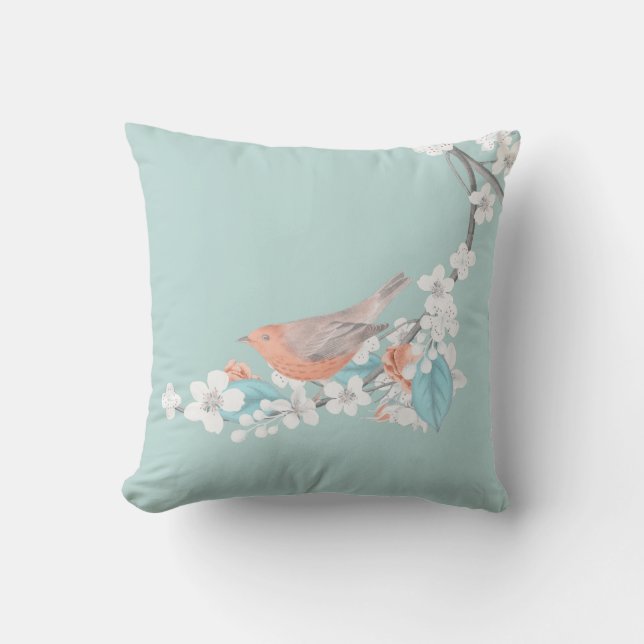 Bird & Flowers Throw Pillow (Front)