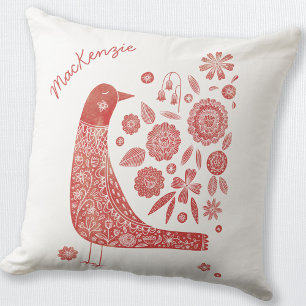 Bird Folk Art Personalized Throw Pillow