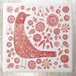 Bird Folk Art Tile<br><div class="desc">Scandinavian folk art style red and white bird and flower design.  Original art by Nic Squirrell.</div>