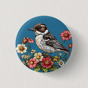 Bird Framed by Vibrant Flowers 1 Inch Round Button
