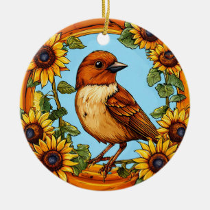 Bird Framed by Vibrant Flowers Ceramic Ornament