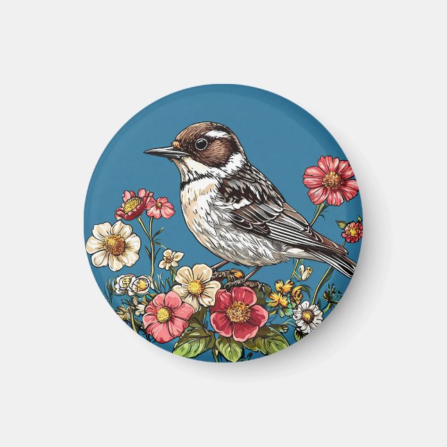 Bird Framed by Vibrant Flowers Magnet (Front)