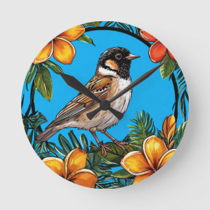 Bird Framed by Vibrant Flowers Round Clock