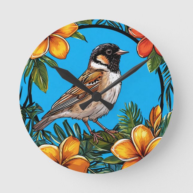 Bird Framed by Vibrant Flowers Round Clock (Front)
