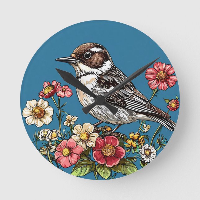 Bird Framed by Vibrant Flowers Round Clock (Front)
