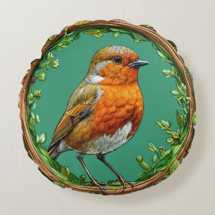 Bird Framed by Vibrant Flowers Round Pillow