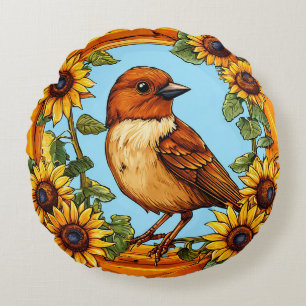 Bird Framed by Vibrant Flowers Round Pillow