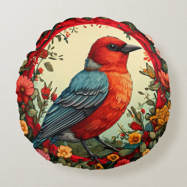 Bird Framed by Vibrant Flowers Round Pillow (Front)