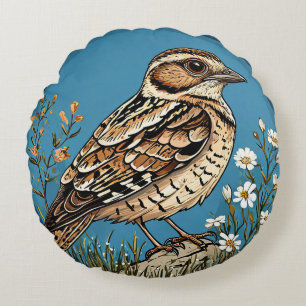 Bird Framed by Vibrant Flowers Round Pillow
