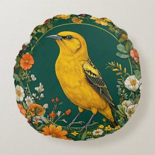 Bird Framed by Vibrant Flowers Round Pillow