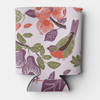Bird, fruit garden: seamless pattern. can cooler