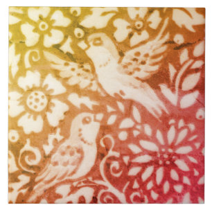 Bird Gold Copper Coral Autumn Fall Woodland Leaves Tile