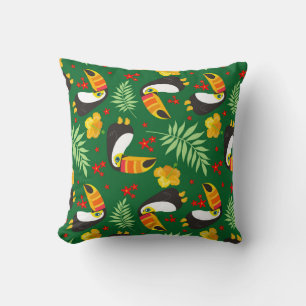 Bird Green Leave Orange Red Flower Tropical Jungle Throw Pillow