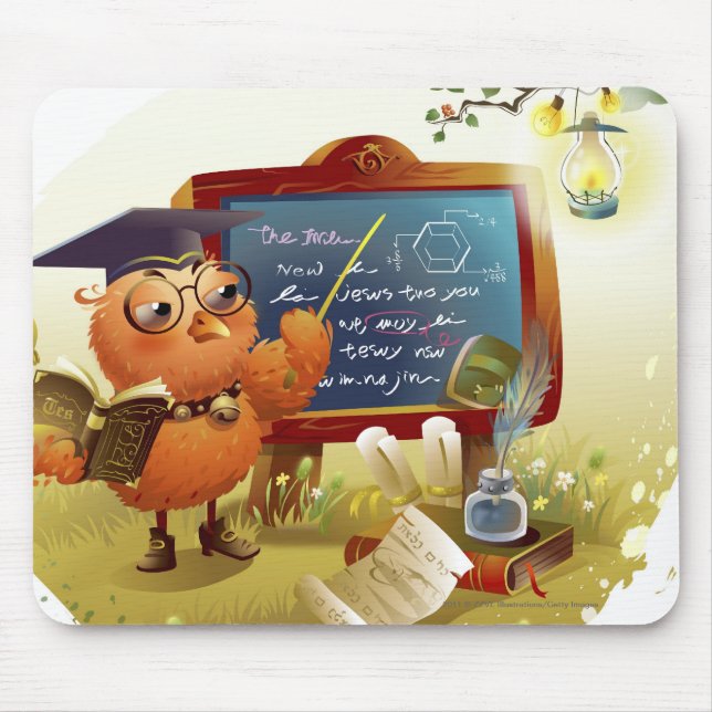 Bird holding a book and teaching at a blackboard mouse pad (Front)