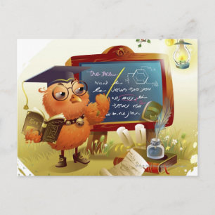 Bird holding a book and teaching at a blackboard postcard