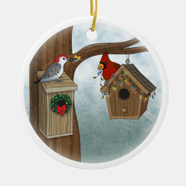 Bird House Holiday Ceramic Ornament (Front)