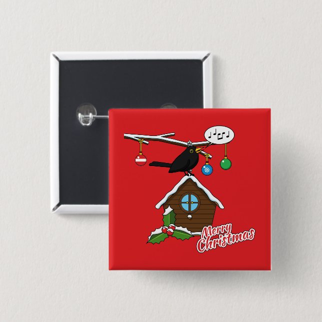 Bird House Merry Christmas 2 Inch Square Button (Front & Back)