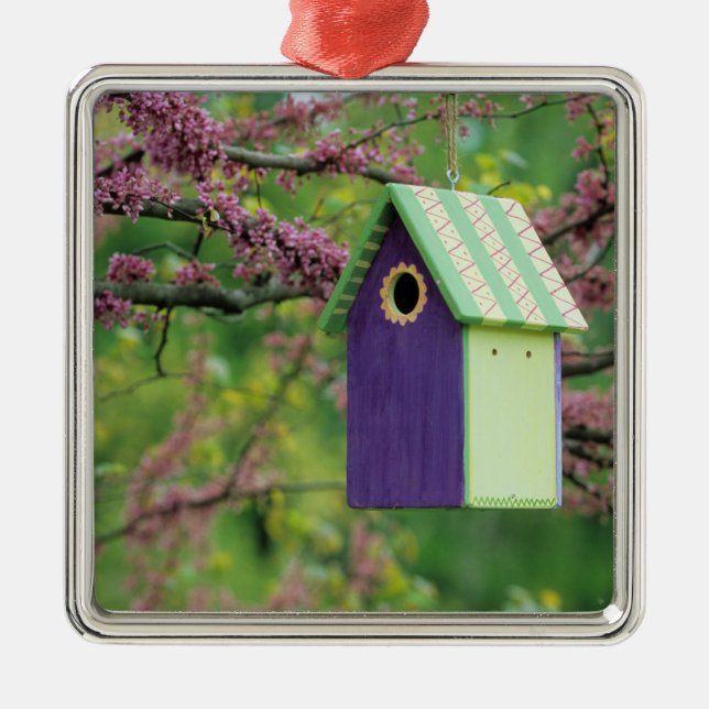 Bird House On A Redbud Tree Metal Ornament (Front)