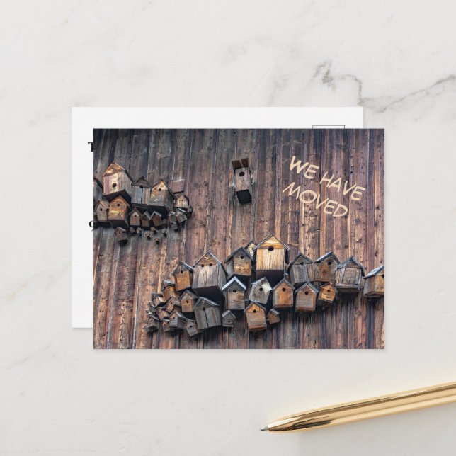 Bird house on a wooden wall, fun we haved moved  postcard (Front/Back In Situ)