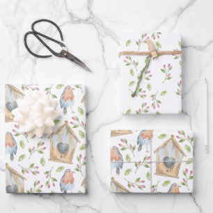 Bird house watercolor spring wrapping paper sheet