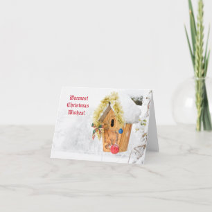 Bird house with snow and Christmas decorations Card