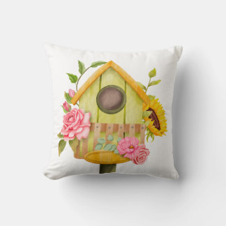 Bird House with Sunflower and Roses Throw Pillow