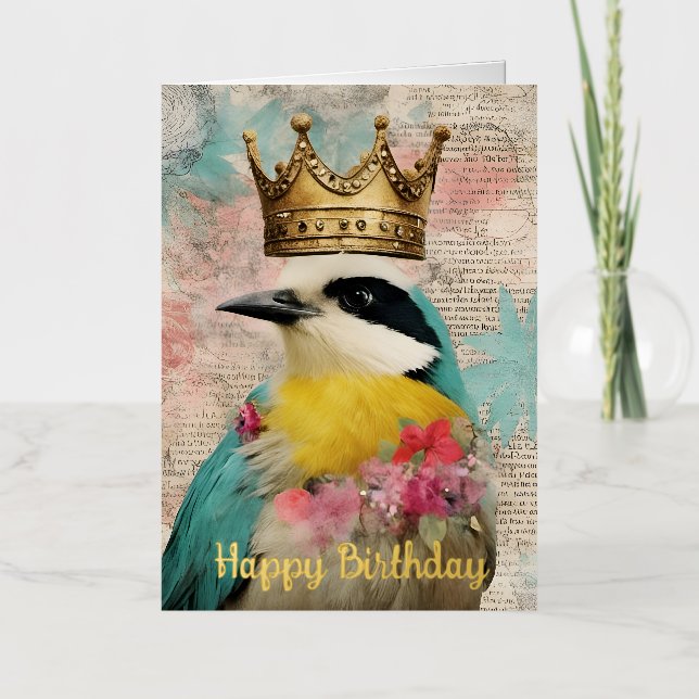 Bird in a Crown Collage Birthday Gold Foil Greeting Card (Front)