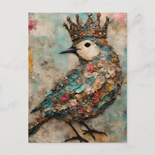 Bird in a Crown Mixed Media Collage Postcard (Front)
