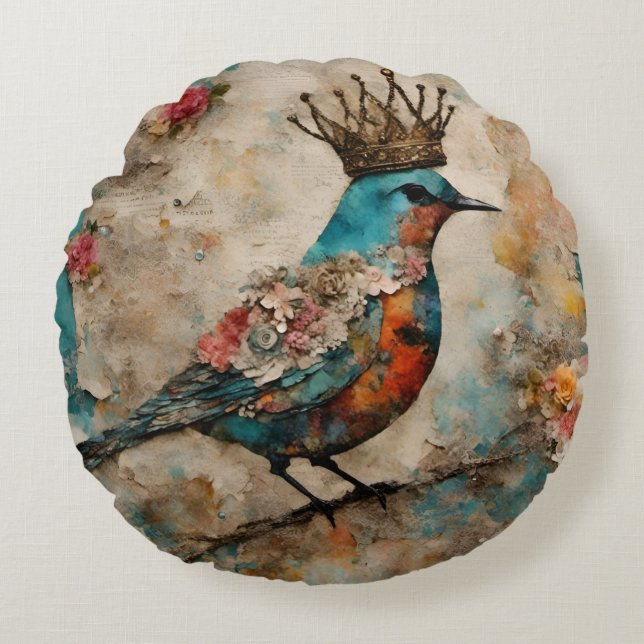 Bird in a Crown Mixed Media Collage Round Pillow (Front)