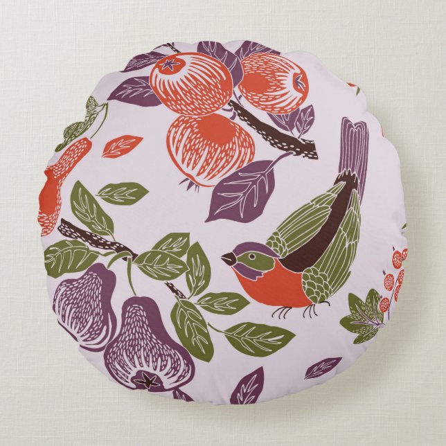 bird in a fruit garden. seamless pattern round pillow (Front)