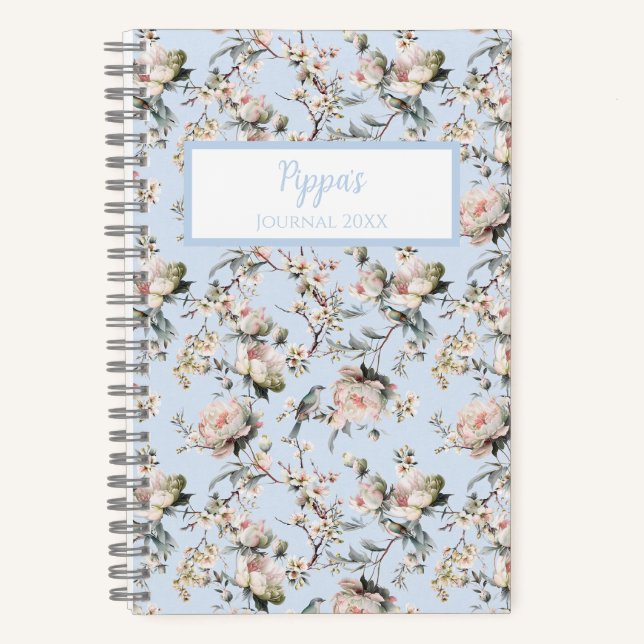 Bird in Blossom Blue Personalized Journal Notebook (Front)