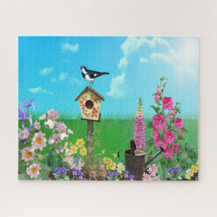 Bird in Flower Garden Colorful Jigsaw Puzzle