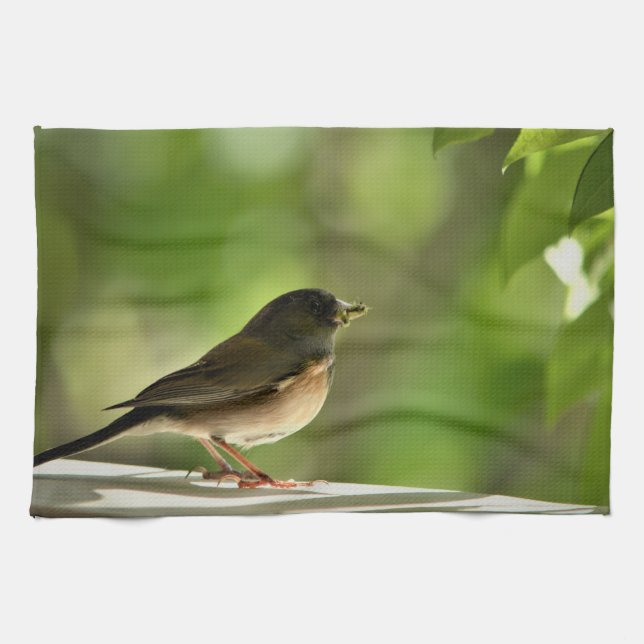 Bird in green leaves background kitchen towel (Horizontal)