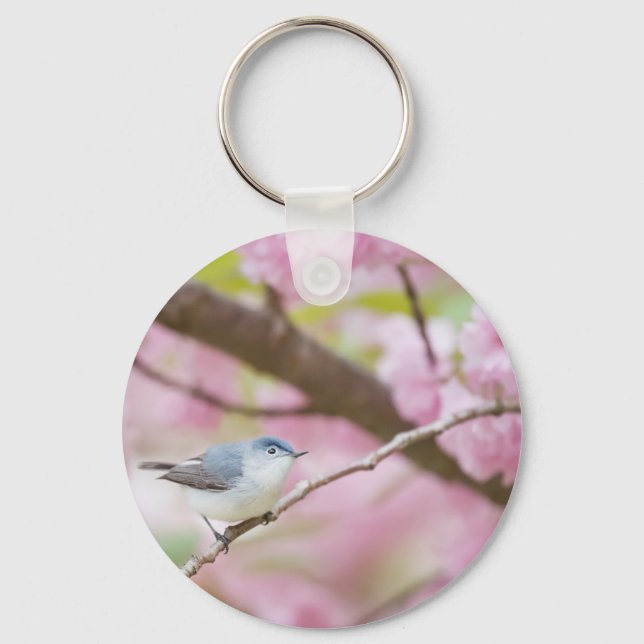Bird in Pink Blossom Tree Keychain (Front)