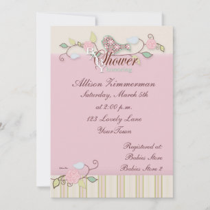 Bird in Pink & Greens Baby Shower Invitation