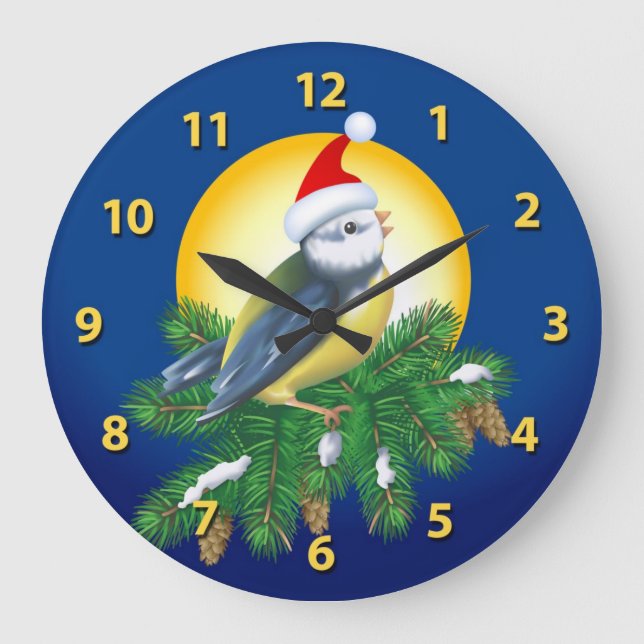 Bird in Santa Hat Large Clock (Front)