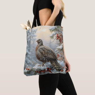 Bird in Snowy Landscape Tote Bag