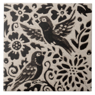 Bird Leaf Batik Stoneware Woodland Animal Tan Grey Tile