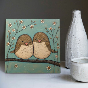 Bird Love Vintage Muted Blue Art Nouveau Tile