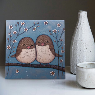 Bird Love Vintage Winter Blue Art Nouveau Tile