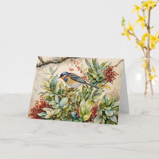 Bird Lover Art Whimsical Note Card (Yellow Flower)