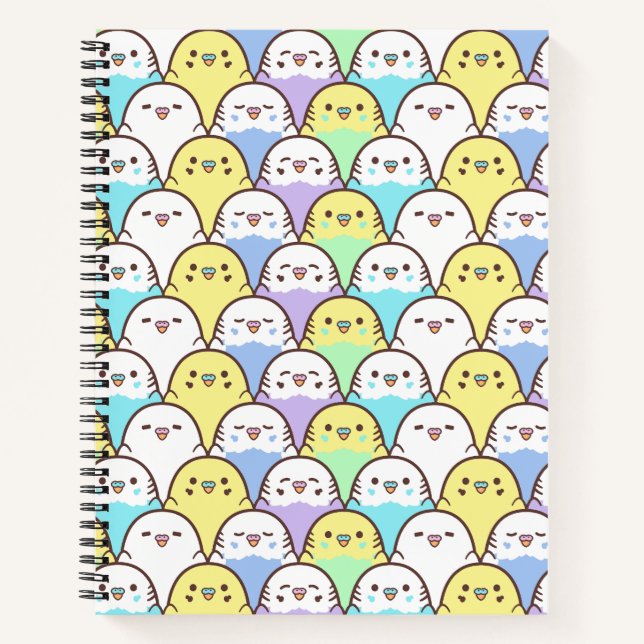 Bird Lover Blue Yellow Cartoon Budgies Pattern Notebook (Front)