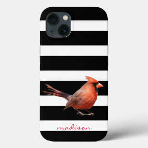 Bird Lover! Red Cardinal on B&W Stripes, w Name  iPhone 13 Case