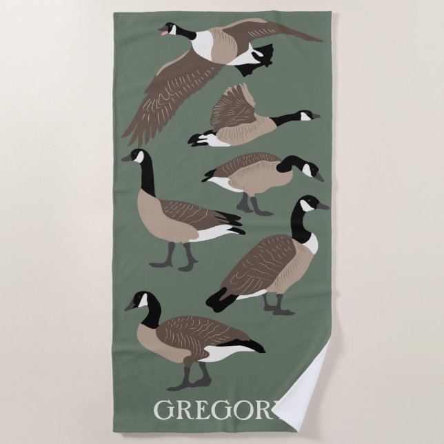 Bird Lovers Canada Geese Illustration Personalized Beach Towel (Front)