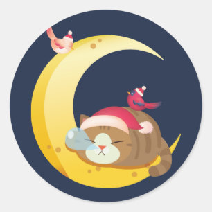 Bird Moon Sleeping Kitten Cat Holiday Classic Round Sticker