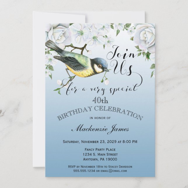 Bird Nature Anniversaire Fête Invitation Floral Bl (Devant)